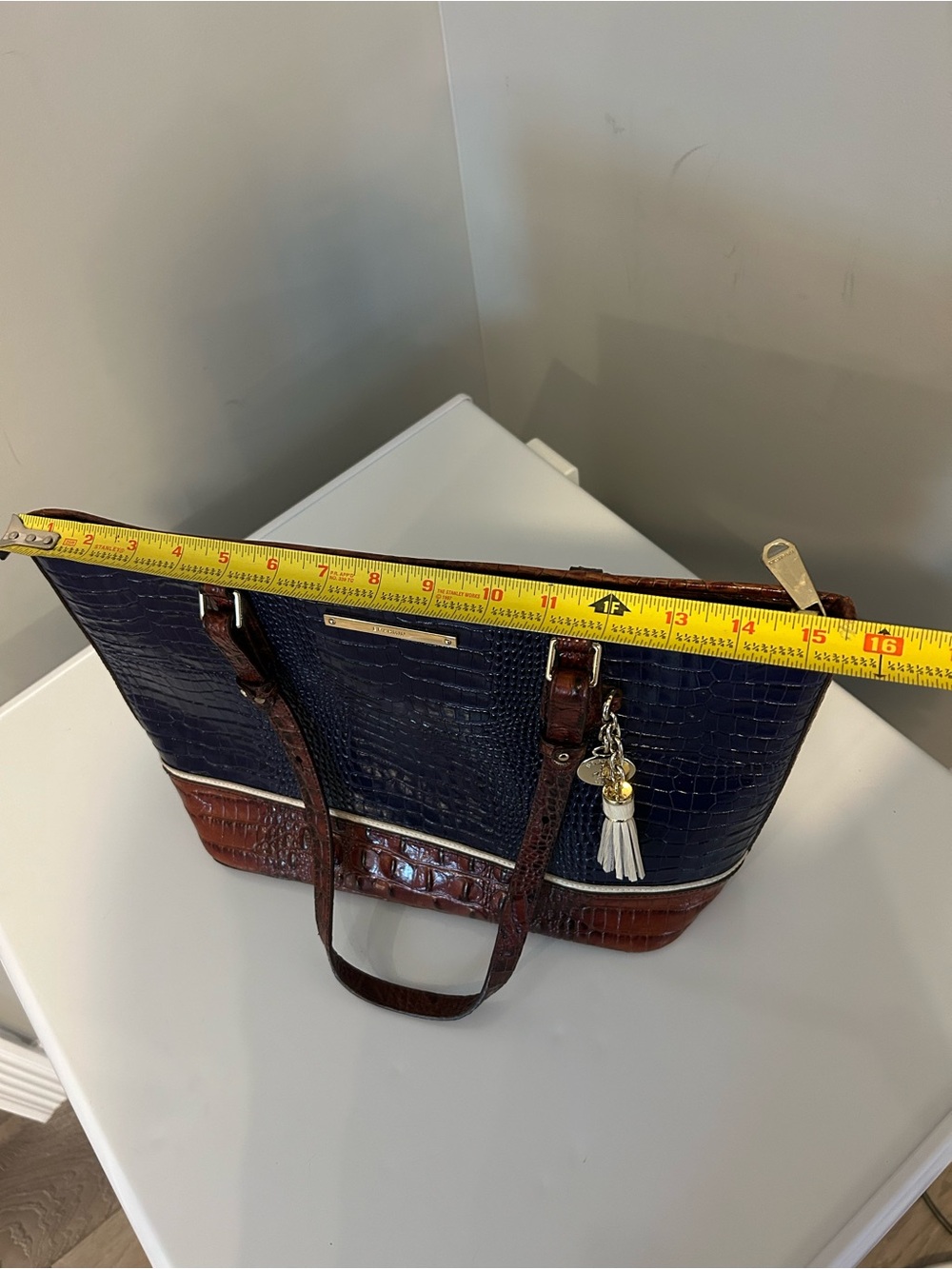 Brahmin Navy and Brown Croc-Embossed Leather Tote with Cream Tassel - Picture 9 of 10